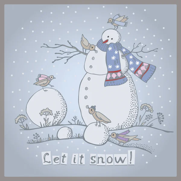 Illustration vectorielle du bonhomme de neige aux oiseaux — Image vectorielle
