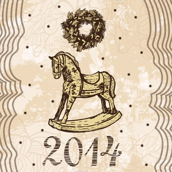 Ano Novo e cartão de Natal com cavalo de brinquedo balançando — Vetor de Stock