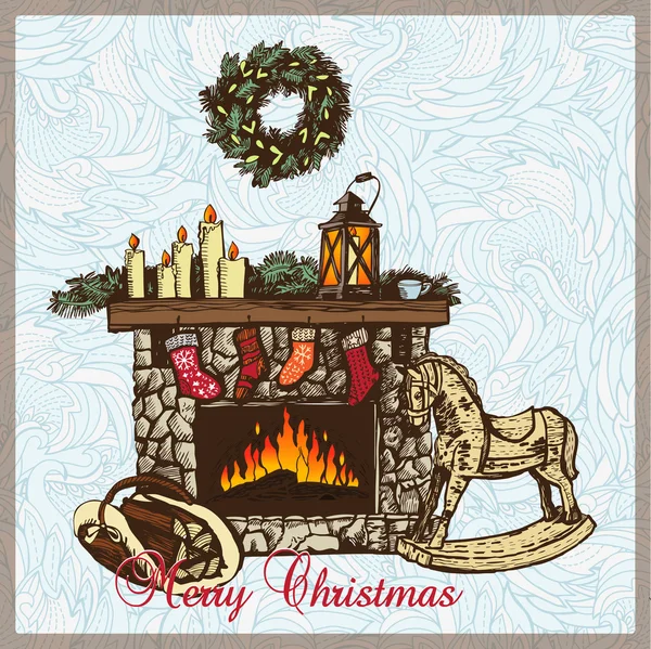 Christmas card with fireplace — Stock Vector