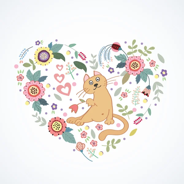 Cuore romantico con gatto e fiore — Vettoriale Stock