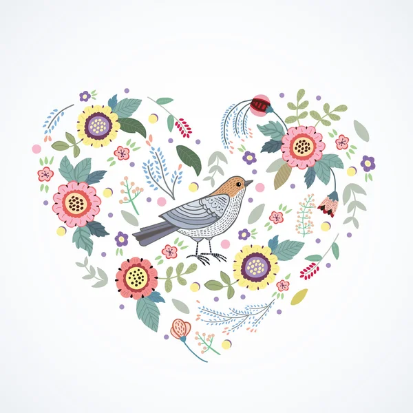 Coeur romantique avec oiseau et fleurs — Image vectorielle