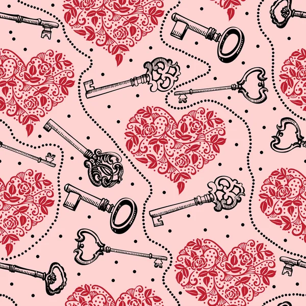 Patrón romántico vintage con llaves y corazones — Vector de stock