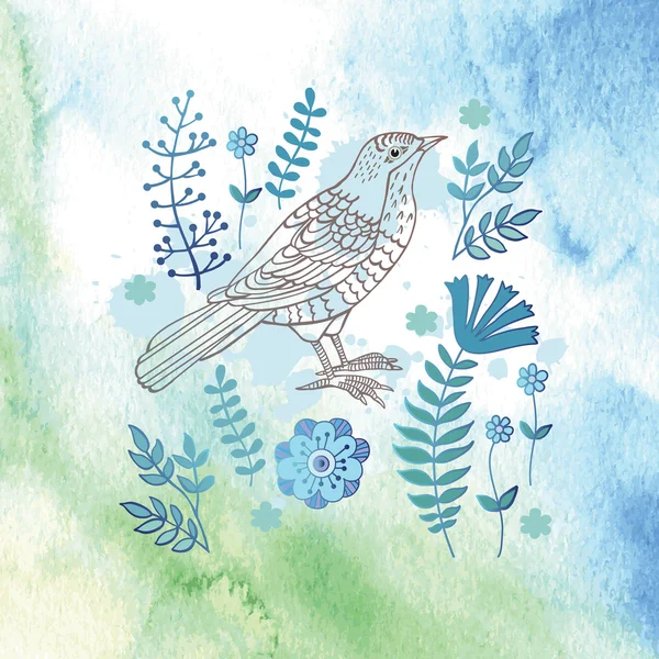 Oiseau avec des fleurs sur fond aquarelle — Image vectorielle