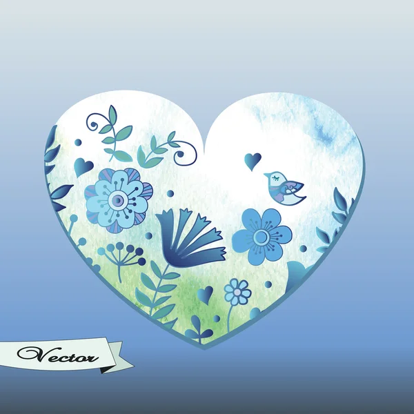 Coeur bleu avec fleurs et oiseau — Image vectorielle