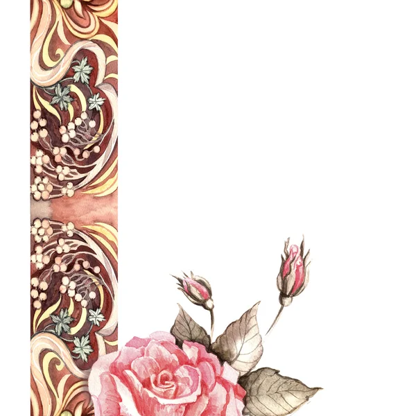 Tarjeta acuarela con motivos rosas y ornamentales — Foto de Stock