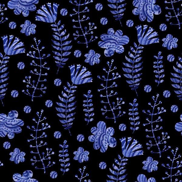 Watercolor pattern with blue flowers on a black background — Stock Photo, Image