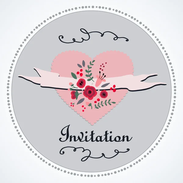 Invitación vintage decorativa con corazones y flores — Vector de stock