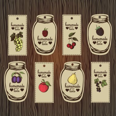 Dekoratif meyve sıkışmaları için retro etiket kümesi.
