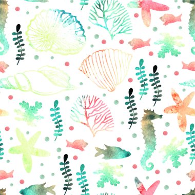 Pattern with watercolor marine motifs.