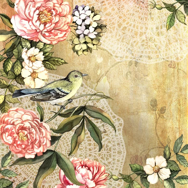 Vintage decorativo acquerello sfondo con uccelli e fiori — Foto Stock