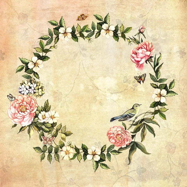 花の花輪と鳥の背景 — ストック写真