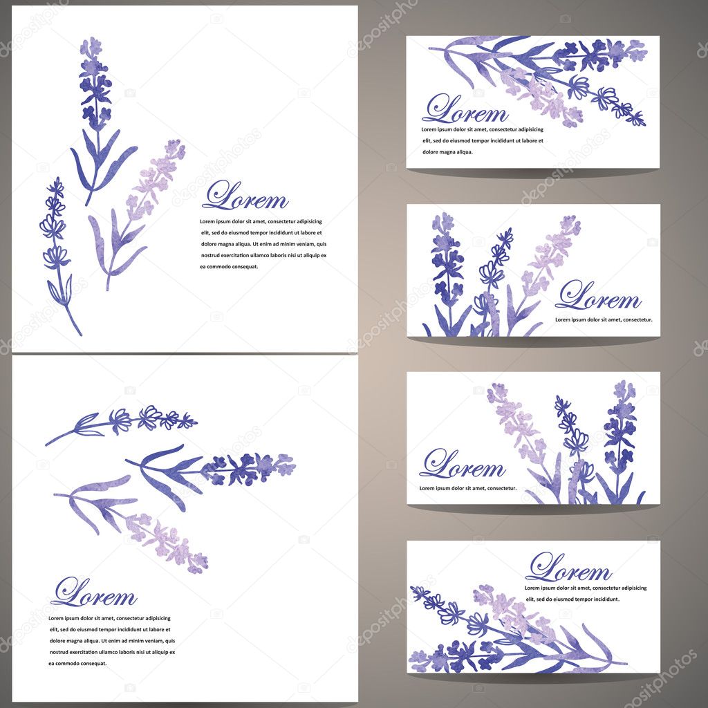 Set of cards with watercolor flowers of lavender.