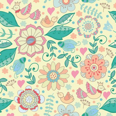 çiçekler ve kuşlar ile dekoratif desen