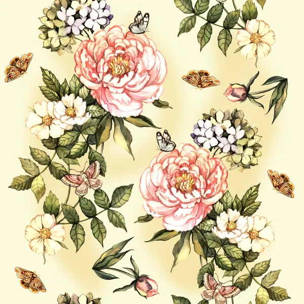 Ročník vzorek s květy, akvarel — Stock fotografie