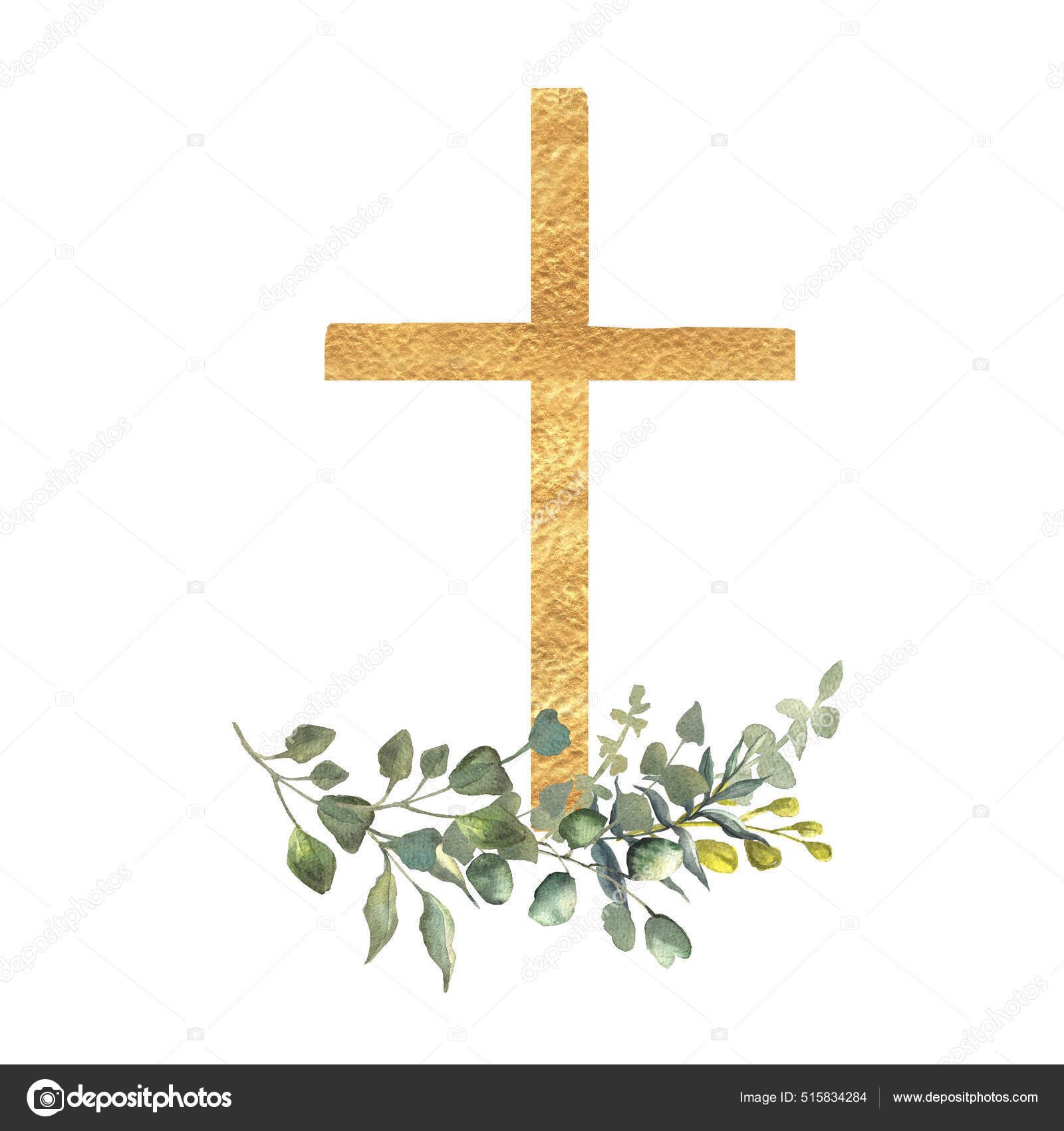Watercolor Easter Golden Cross Clipart Stock Illustration by ©Ann_art