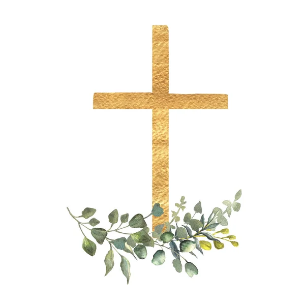 Watercolor Easter Golden Cross Clipart — Stock Photo, Image