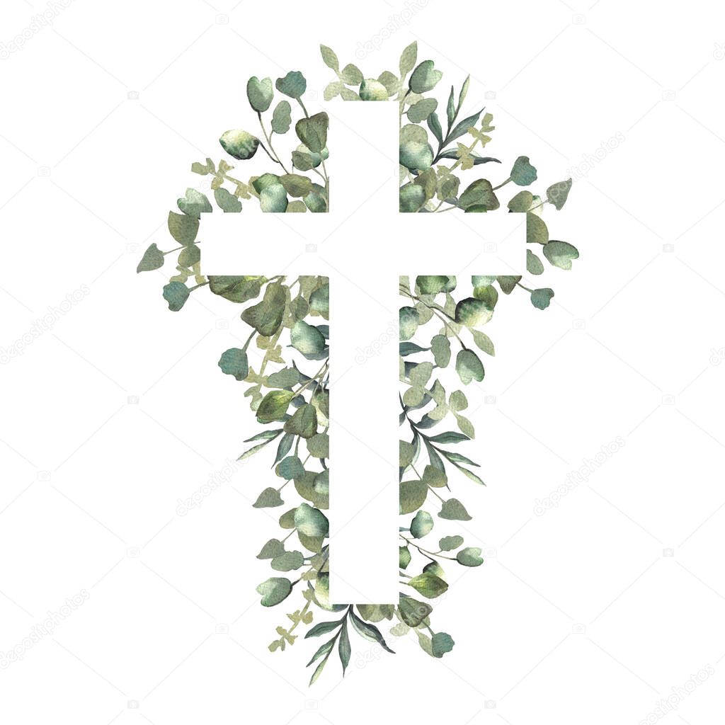 Watercolor Easter Spring Cross. Spring Floral Arrangements. Baptism Crosses DIY Invitation. Greenery Easter clip art. Holy Spirit, Religious, hand drawn.