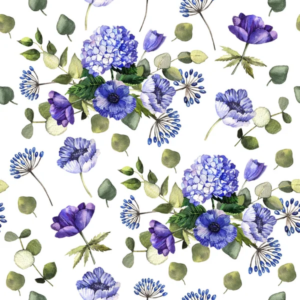 Motif Aquarelle Avec Des Fleurs Bleues — Photo