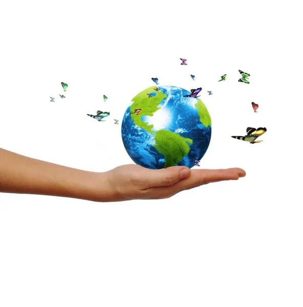 Woman hands holding green earth — Stock Photo, Image