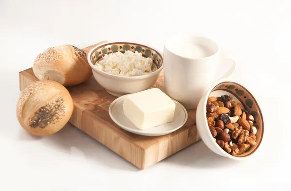 Healthy meal with bread,milk and cereals — Stock Photo, Image