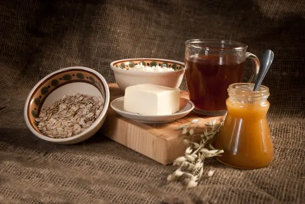 Healthy meal with bread , cereals — Stock Photo, Image