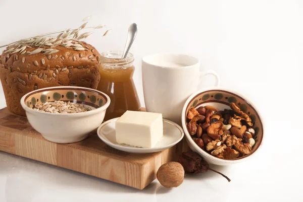 Healthy meal with bread , cereals — Stock Photo, Image