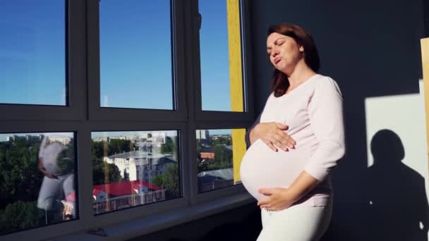 Zwangere huidverzorging. Ochtend lichaamsroutine. Vrouw buik. Vrouwelijke persoon — Stockvideo