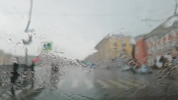 都市の雨。車の中だ。秋の危険。自動車旅行。悪天候. — ストック動画