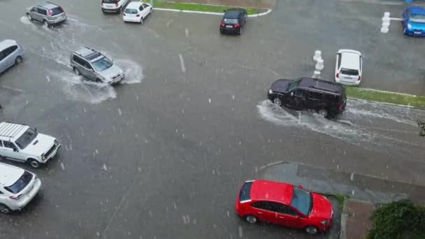 City rain. Inside home view. Autumn danger. Automobile wet travel. Bad weather — Video Stock