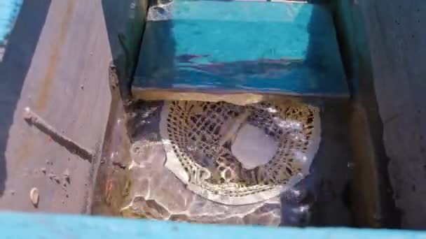 Water drop filtration in swimming pool. Blue color water. Ocean lockdown surface — стоковое видео