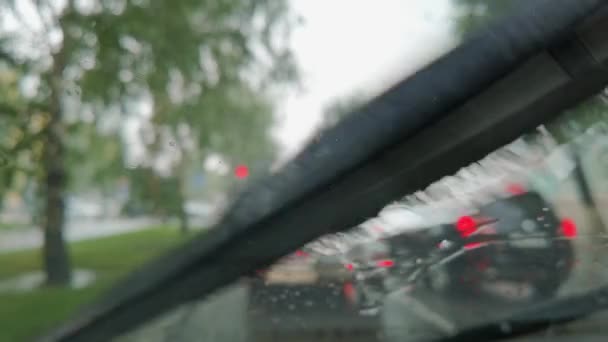 都市の雨。車の中だ。秋の危険。自動車旅行。悪天候. — ストック動画
