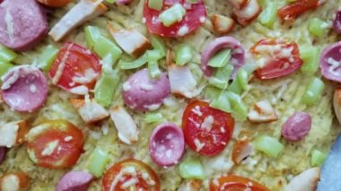 hawaiina pizza with pineapple. Beacon and cheese. Sunny day