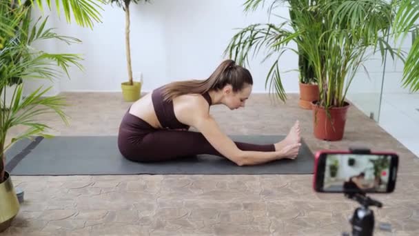 Evde yoga egzersizi yapan genç bir kadın. Çevrimiçi sağlık dersleri. Kapalı — Stok video