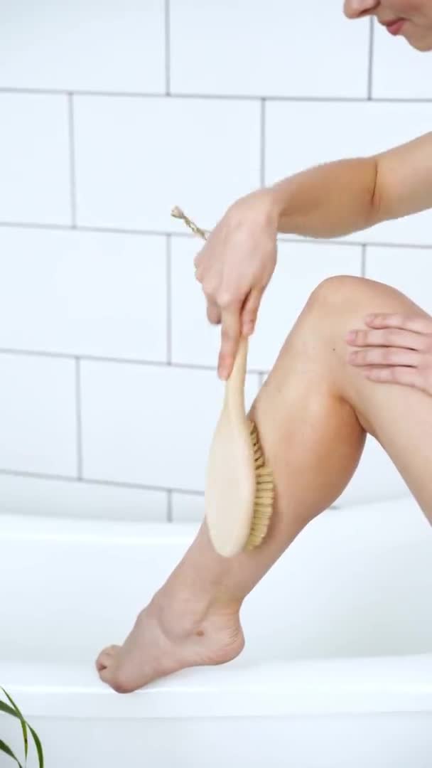 Bathroom skin care. Body brush routine. Woman peeling. Female person drainage — 图库视频影像