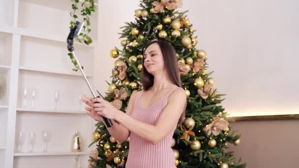 Mladá žena dělá autoportrét uvnitř. Portrét domácí dovolené. Blogger selfie — Stock video
