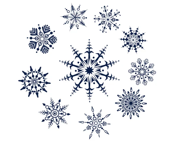 Colección 10 copos de nieve aislados en fondo blanco — Vector de stock