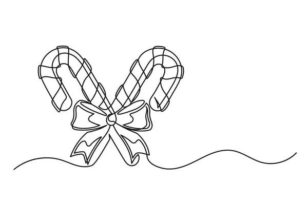 クリスマスキャンディと弓の連続的な1行の図面 クリスマスキャンディと弓は白い背景に隔離されています ベクターイラスト — ストックベクタ