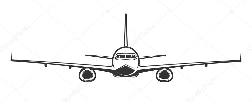 Airplane in simple style front view isolated on white background. Vector illustration