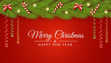 Kırmızı arka planda yıldızlarla, yılanlarla, yaylarla ve şekerlerle süslenmiş köknar dallarıyla süslenmiş Noel vektör kartı