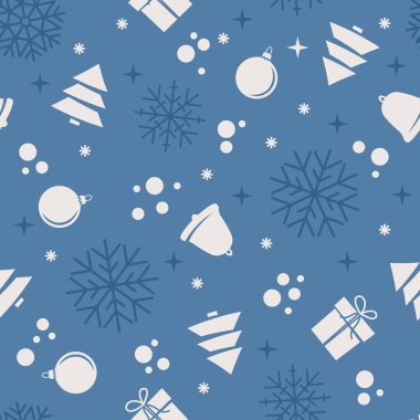 Mavi arka planda izole edilmiş, Noel temalı kusursuz bir desen. Düz stil. Vektör illüstrasyonu