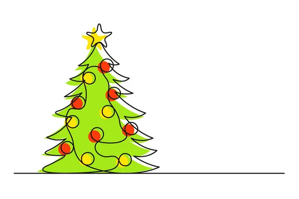 Dibujo Continuo Una Línea Árbol Navidad Con Bolas Árbol Navidad — Vector de stock