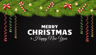Siyah arka planda yıldızlarla, yılanlarla, yaylarla ve şekerlerle süslenmiş köknar dallarıyla süslenmiş Noel vektör kartı