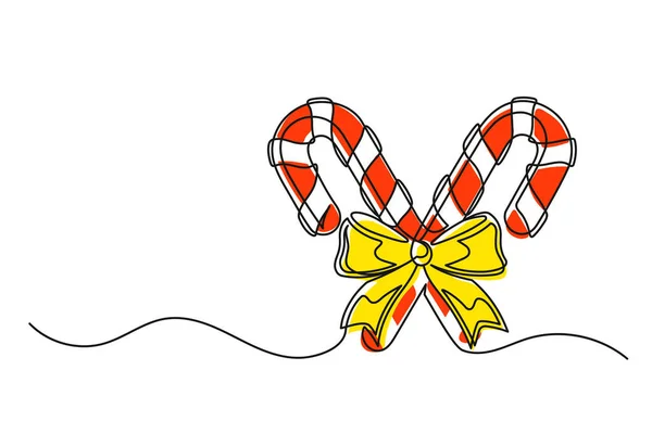 クリスマスキャンディと弓の連続的な1行の図面 クリスマスキャンディと黄色の弓は白い背景に隔離されています ベクターイラスト — ストックベクタ