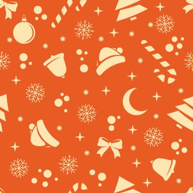 Turuncu arka planda izole edilmiş noel temalı kusursuz desen. Düz stil. Vektör illüstrasyonu