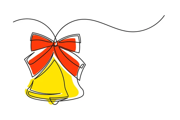クリスマスの鐘と弓の連続的な1行の図面 黄色と白の背景に隔離された赤い弓のクリスマスの鐘 ベクターイラスト — ストックベクタ