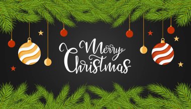 Siyah arka planda yıldızlarla ve toplarla süslenmiş köknar dallarıyla Noel vektör afişi