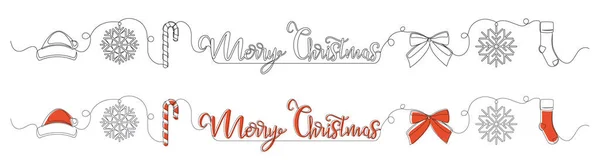 サンタの帽子 キャンディー 弓と雪のフレークのクリスマス要素の連続ライン コンセプトテーマメリークリスマスとハッピーニューイヤー ベクターイラスト — ストックベクタ