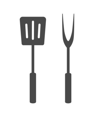 Barbekü Spatula ve Fork beyaz arka planda izole edildi. Barbekü Konsepti. Barbekü Izgara Simgesi. Vektör illüstrasyonları