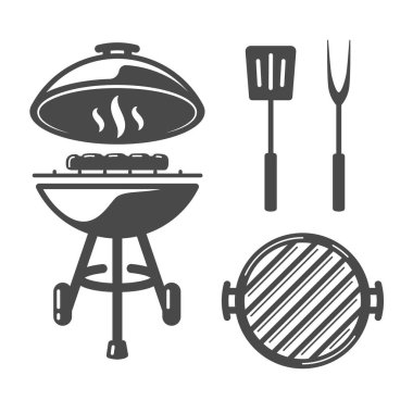 Izgara Biftek Spatula Fork beyaz arka planda izole edildi. Barbekü Konsepti. Barbekü Izgara Simgesi Seti. Vektör illüstrasyonları