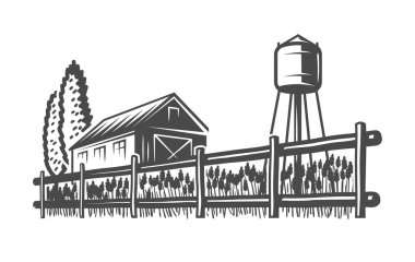 Manzara ve köy çiftliği beyaz arka planda izole edilmiş. Vektör illüstrasyonu